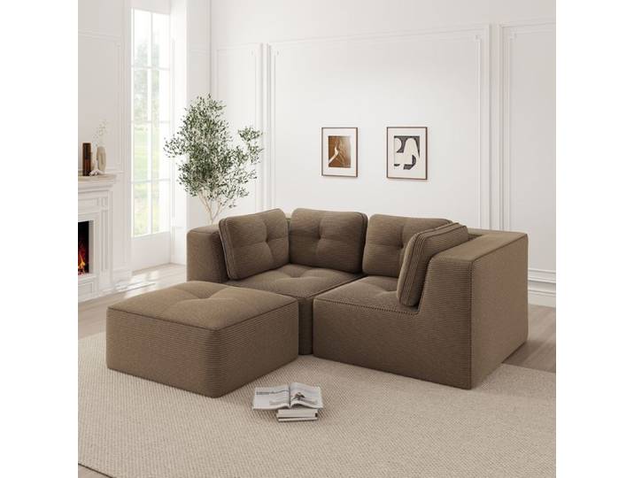 Canapé d'angle modulaire - Velours côtelé - 208x177x69 cm - Marron - Repose-pieds mobile - Design modulaire