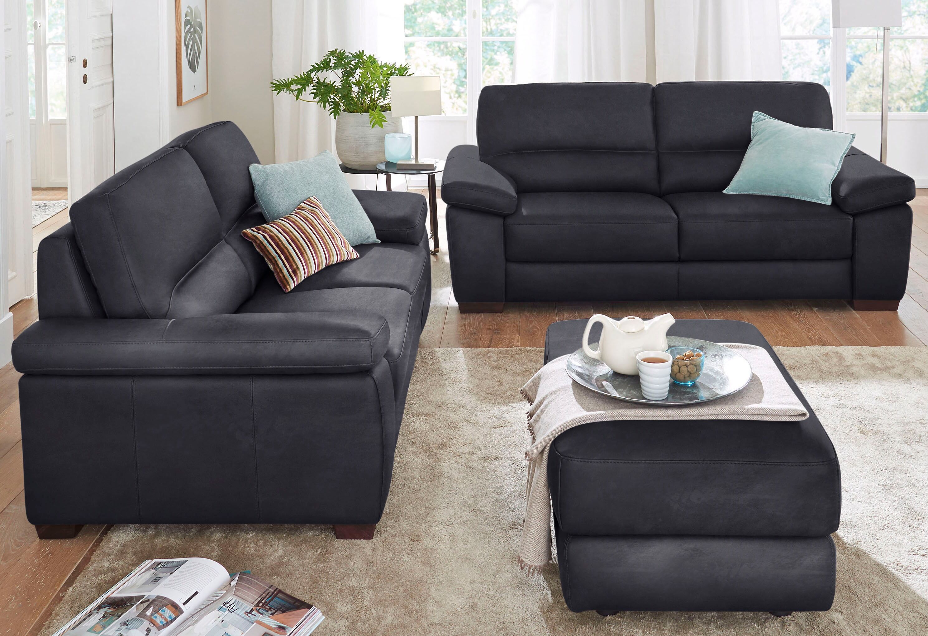Polstergarnitur CALIA ITALIA "Gaia, hochwertige Garnitur aus 2-Sitzer & 3-Sitzer im edlen Design", schwarz, Luxus-Microfaser GINEVRA, Luxus-Microfaser Ginevra (100% Polyester), Sitzmöbel-Sets, Polstergarnitur, aus pflegeleichtem Luxus-Microfaser Ginevra H