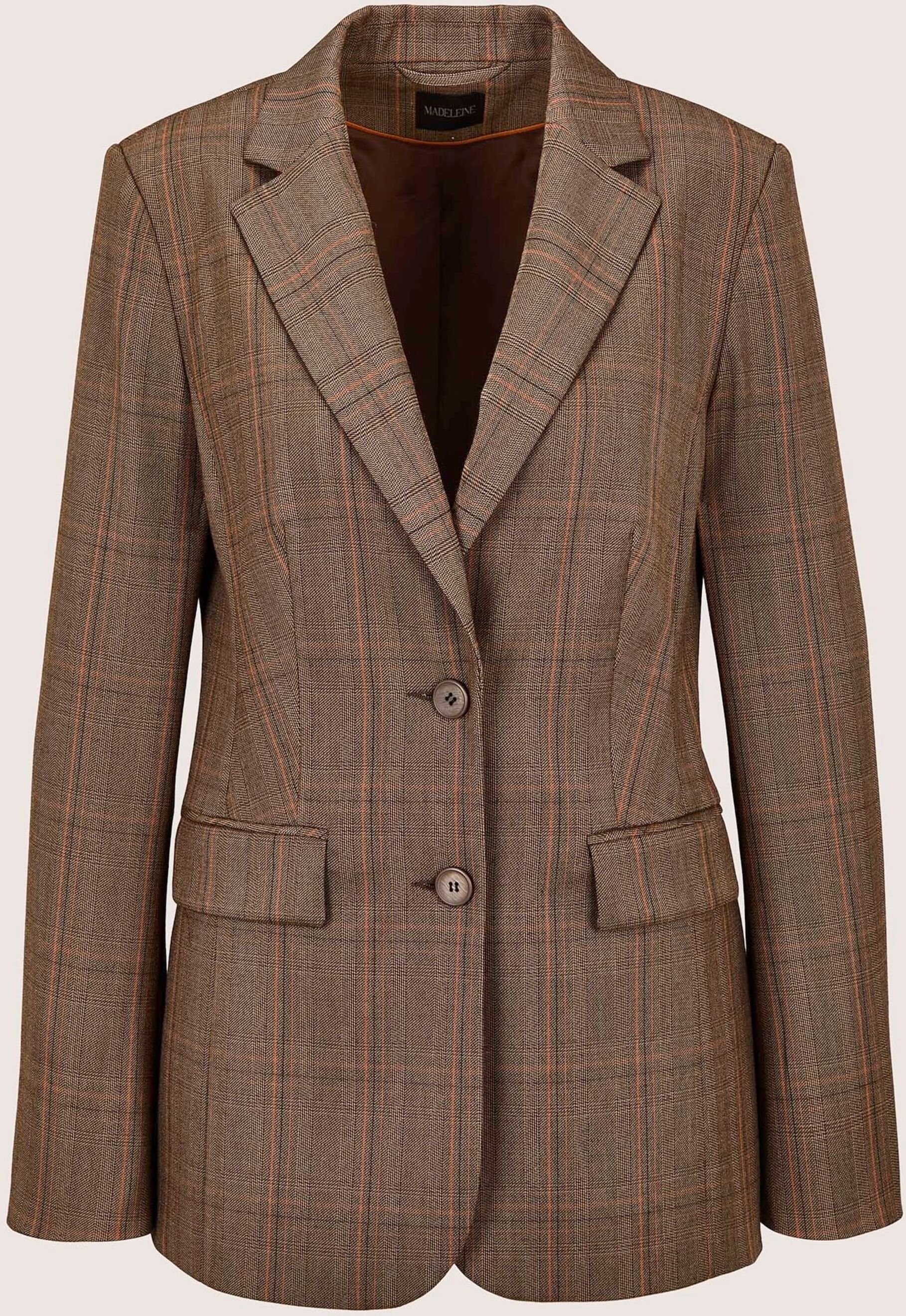 Jackenblazer MADELEINE "Blazer Karierter Blazer im Brit-Chic-Stil", Damen, Gr. 34, braun (tabakbraun, marsala), Modern, regular fit, V-Ausschnitt, Blazer Jackenblazer