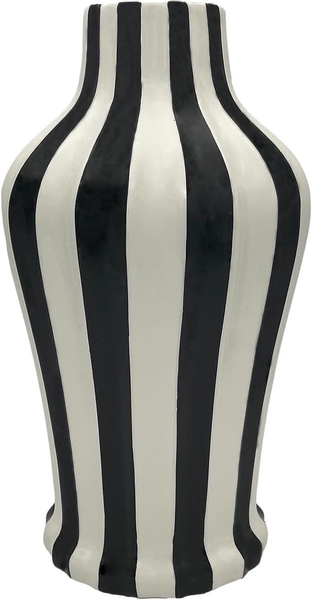 Gestreepte Keramische Vaas in Zwart/Wit - Decoratieve Geglazuurde Vaas - Hoogte: 34 cm