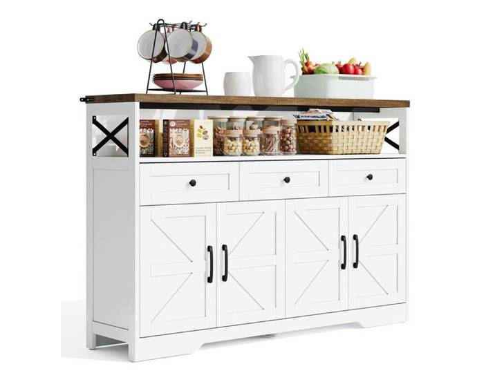 Buffet 140cm Rangement Bar Café 3 Tiroirs Console Rustique Portes Armoires Planchers Cuisine Salon Hall Style Blanc/marron