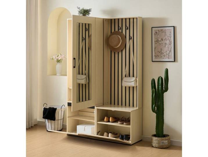 Vestiaire d'entrée avec miroir et banc meuble rangement chaussures 4 crochets tringle coulissante MDF JOINERY