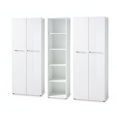 Aktenschrank Set 3-teilig Schrankwand Weiß | 5 Ordnerhöhen | 2 Schrank Abschließbar & Regal | Glasfront Soft-Close | Serie MUENCHEN Kadima Design