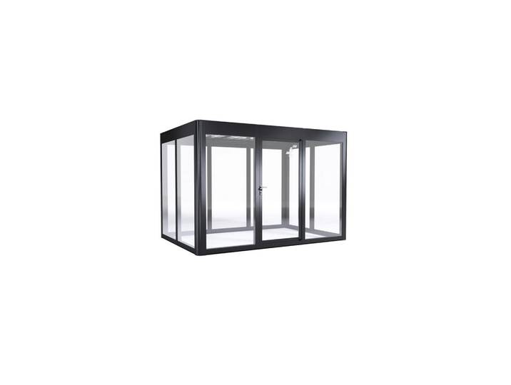 SunElements GmbH Gerätehaus, Anthrazit, Metall, Glas, 338x229x233 cm, Schrauben und Scharniere aus Edelstahl, wartungsfrei, ohne Boden, integrierter Wasserablauf, 2-fach-Verriegelung mit Zylinderschloss, integrierte Durchlüftung, regenwasserdicht, Gartenzubehör, Geräteschuppen