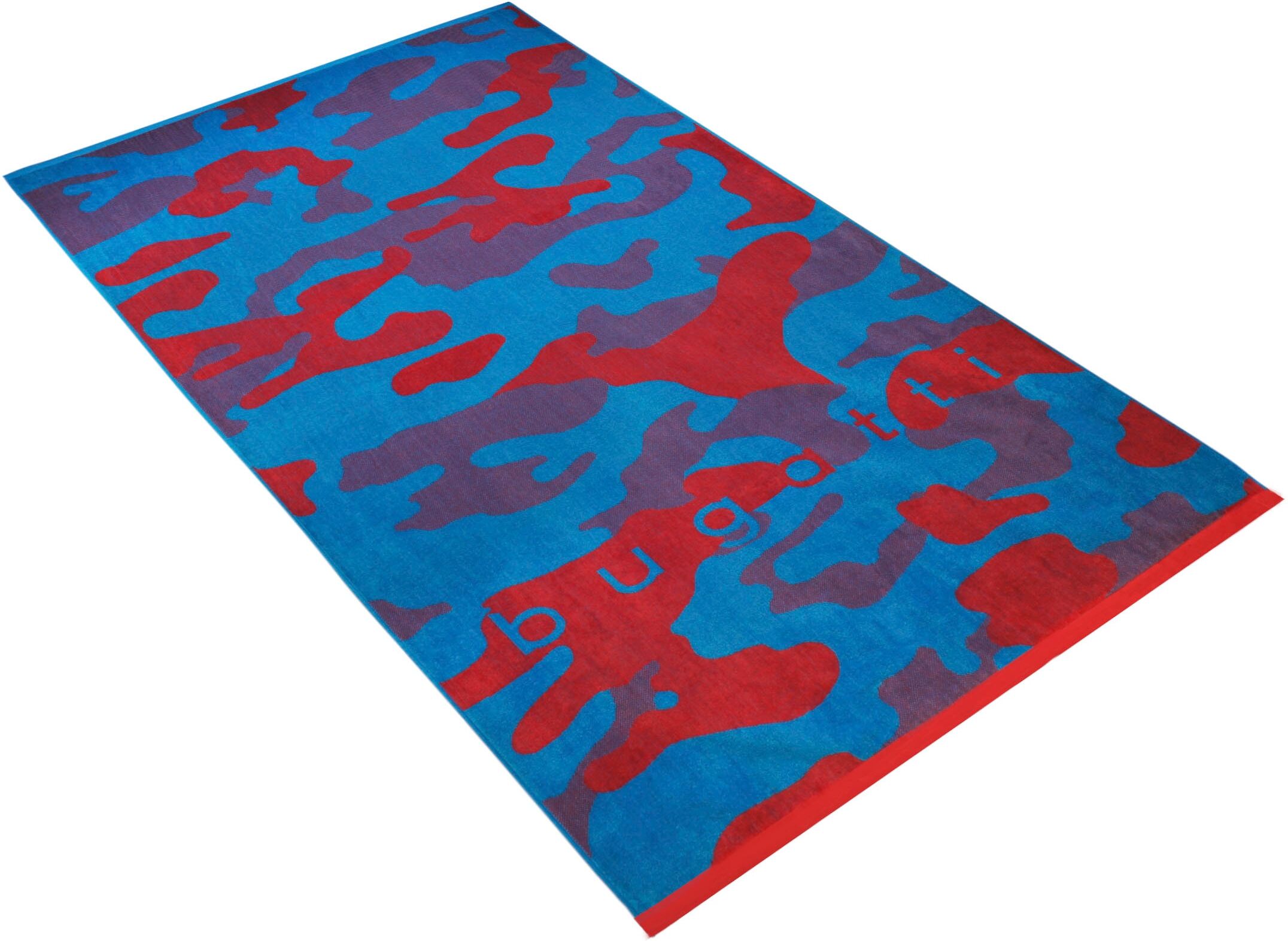 Strandtuch BUGATTI "Sardegna", blau (blau moon), B:100cm L:180cm, Velours, Baumwolle, Handtücher, Strandtuch, 100 cm x 180 cm blau moon B/L: 100cmx180cm, 1 Stk., Markenlogo, Velours