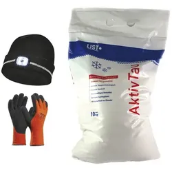 Streusalz 10kg Winterhaube LED Mütze schwarz mit Winter-Handschuhe - SET black - gloves 11