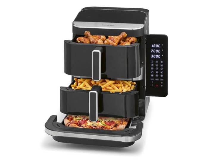 GOURMETmaxx FryUp3 Vertikale Heißluftfritteuse 3 Kammern Airfryer XXL PFAS-frei Heissluftfritteuse XXL 13,4L + Ofenschublade für Pizza etc Air Fryer Heißluftfritteuse SuperClear-LED-Touchdisplay
