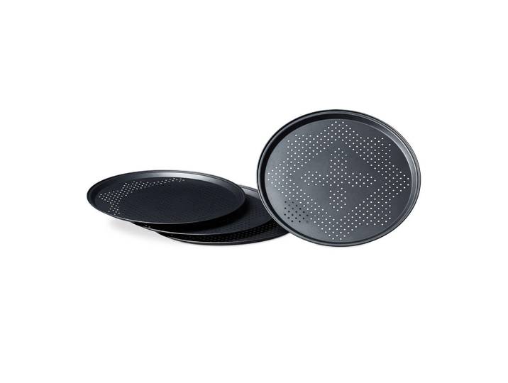 Relaxdays Pizzablech Schwarz 4er-Set perforiert antihaft 32 cm, Anthrazit, Metall, 32x1.3x32 cm, Backen & Backzubehör, Backformen, Backbleche