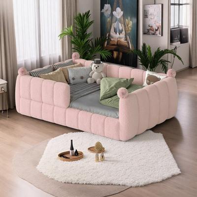 ZWYO HOSIMU Full Teddy Upholstered Floor Bed with Safety Rails and Low Profile Design, Full Montessori Bed for Kids Bedroom