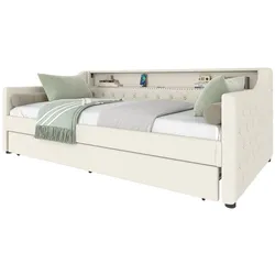 STILVORA Tagesbett 90x200 cm mit Lattenrost, ausziehbar, LED-Beleuchtung, USB-Anschluss, Leinen, modernes Schlafsofa Beige