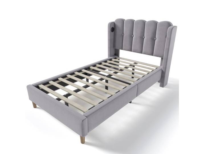 Lit 90x200 cm en lin gris tête rembourrée à retours latéraux avec recharge USB et USB-C sommier à lattes sans matelas