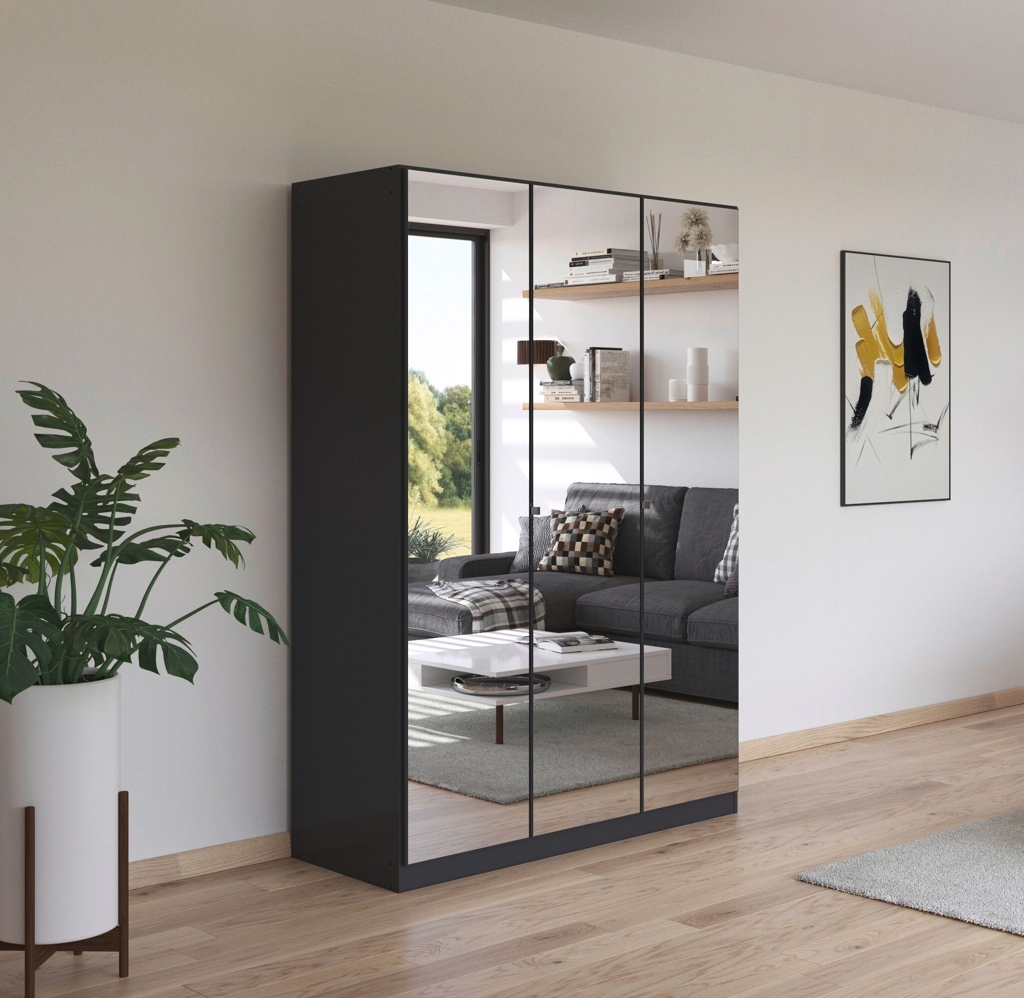 rauch "Reflect" mit Spiegelfront, inkl. praktischer Inneneinteilung und Stoffboxen-Set graumetallic B/H/T: 136cm x 197cm x 54cm