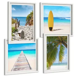 BILDER SET 4er Set - 50x50 cm & 40x60 cm Weißer Rahmen - Urlaubsblick Strand Palmen