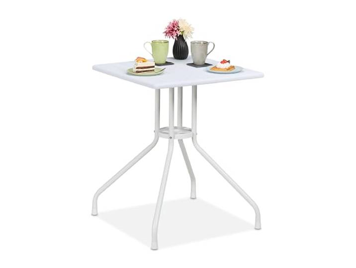 Relaxdays Table de Jardin\, HxLxP : 73 x 62 x 62 cm\, Aspect Bois\, carrée\, Balcon\, terrasse\, Plastique et Acier\, Blanche