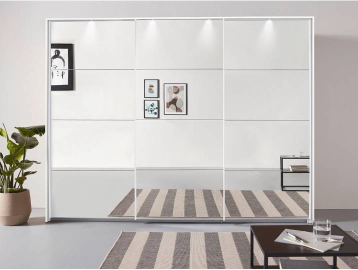 Schwebetürenschrank, Weiß, 278x233x68 cm, Holzwerkstoff, Mit Spiegelfront & Beleuchtung, Modern, Rauch