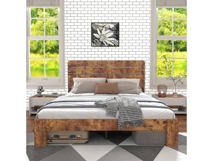 MODFU Holzbett Holzdoppelbett (mit antikem Design und Eisenlattenrost, braun., 1-tlg., 140 x 200 cm)