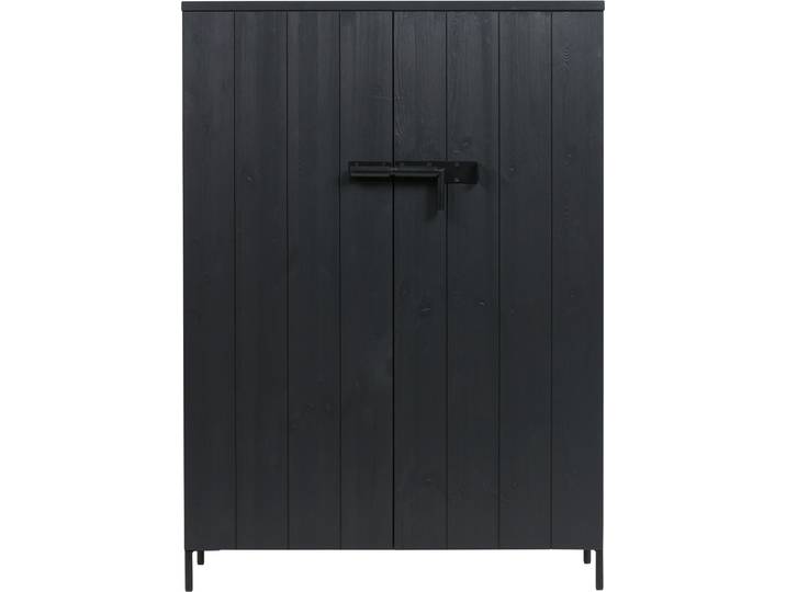 Highboard WOOOD Bruut Kiefernholz gebürstet mit Metallbeinen, H 141 x B 100 x T 42 cm , schwarz, Kiefer, Holzwerkstoff, Sideboards, Highboard, Sichtbare Maserung, Metallverschlüsse, Schutzlackiert, pfleigleicht