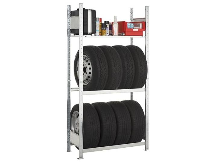 SCHULTE Lagertechnik Garagenregal-Set 1800x1000x400 mm (HxBxT) Stecksystem mit 2 Reifenregal-Ebenen und 1 Fachboden, verzinkt
