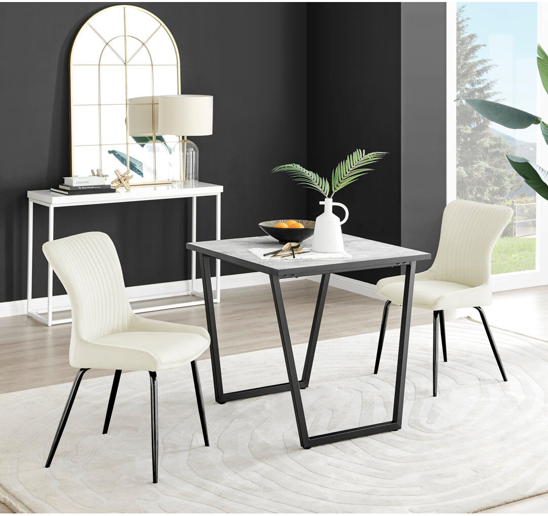 Canora Grey Industrial Design White & Grey Marble Effect Melamine Dining Table and 2 Velvet Dining Chairs Cream/Black 2