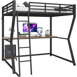 MODFU Hochbett 140x200 mit LED-Beleuchtung, Schreibtisch, USB-Anschlüssen, Computerkonsolenablage, Schwarz – Modernes Multifunktionales Bett