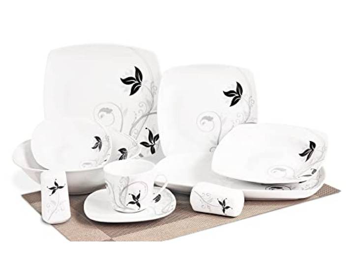 Topkapi TK-969 40-teiliges Porzellan Geschirrset Bela Flor, für 6 Personen Essservice Kombiservice Tischservice Porzellangeschirr mit Dekor für Haushalt, Familie, Gäste, Hochzeit und besondere Anlässe