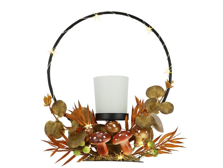 Teelichthalter I.GE.A. Teelichthalter mit Metall-Bogen LED-Licht , braun, B:20cm H:23cm, Glas, Kerzenhalter, Teelichthalter, Herbstlich dekoriert Herbstlaub Eukalyptus Teelicht-Glas