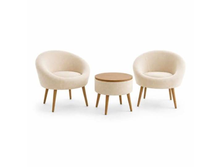 Hanah Home Elegant Wing Chair & Coffee Table Set (3 Pieces), Cream, 100% Linen & Ash Tree 18mm Melamine Coated Perfect for Modern Living Rooms