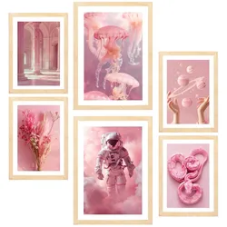 POSTER Set Mit 6 Pinke Komposition A3 & A4 Rahmen Aus Hellem Holz