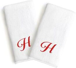 Authentic Hotel and Spa 2-piece White Turkish Cotton Hand Towels with Holiday Red Script Monogrammed Initial