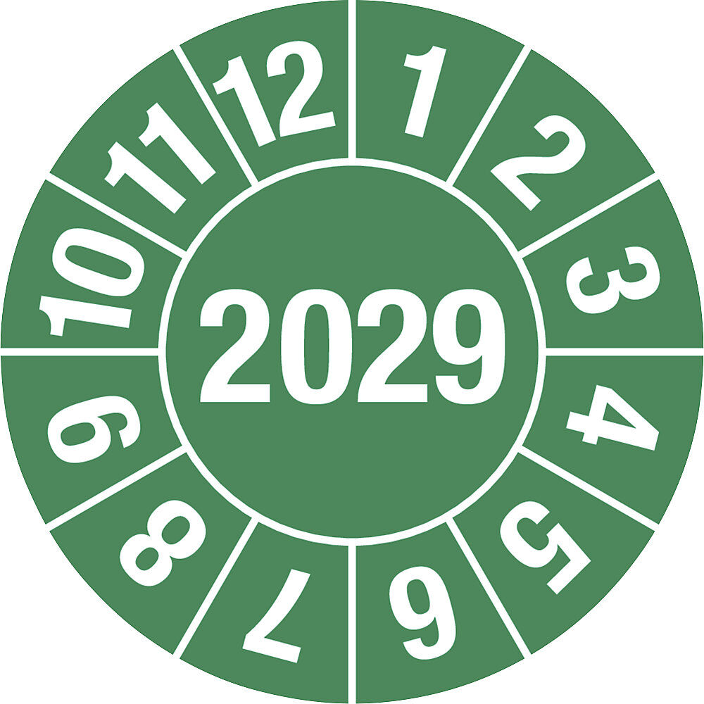 kaiserkraft Prüfplakette, Jahreszahl 4-stellig, Dokumentenfolie, Ø 25 mm, VE 10 Stk, 2029, grün
