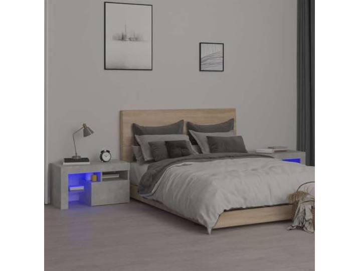 RGB LED Nachtschrank 2 Stück Betongrau 70x36.5x40cm Nachttische mit Holzwerkstoff Schublade und Aufbewahrungsregal