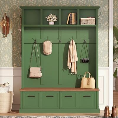 Farmhouse All-in-One Hall Tree with Storage Bench,Modern Entryway Organizer with Open Storage and Enclosed Shoe Cabinets