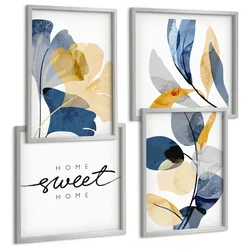 BILDER SET 4er Set - 50x50 cm & 40x60 cm Silberner Rahmen - Aquarell-Pflanzenmotive