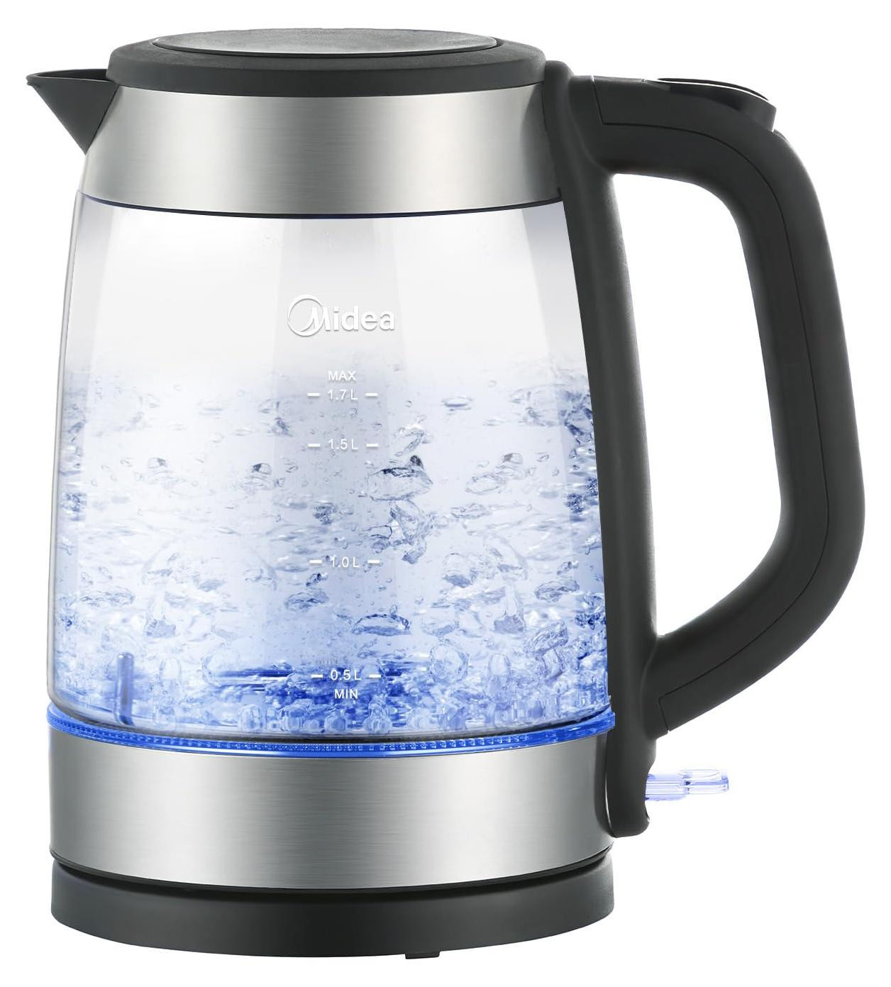 Midea glazen waterkoker, 1,7 liter, 2200 watt, blauwe LED-verlichting, BPA-vrij