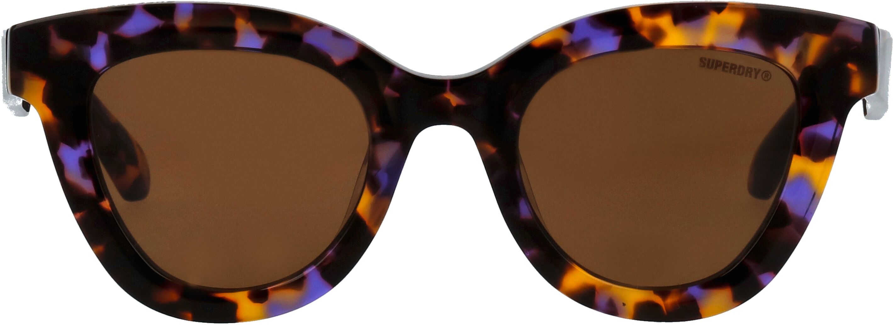Sonnenbrille SUPERDRY "Modell 996096", Damen, bunt (violett havanna), gemustert, leicht durchscheinend, leicht glänzend, Sonnenbrillen Sonnenbrille, Form CatEye, Logoschriftzug auf Bügel, Kunststofffassung