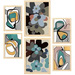 POSTER Set Mit 6 Hodgepodge Blume In Blume Zusammenfassung Ästhetische Dekorative Gemälde Für Ihr Wohnzimmer Zuhause A3 & A4 Rahmen Aus Hellem Holz