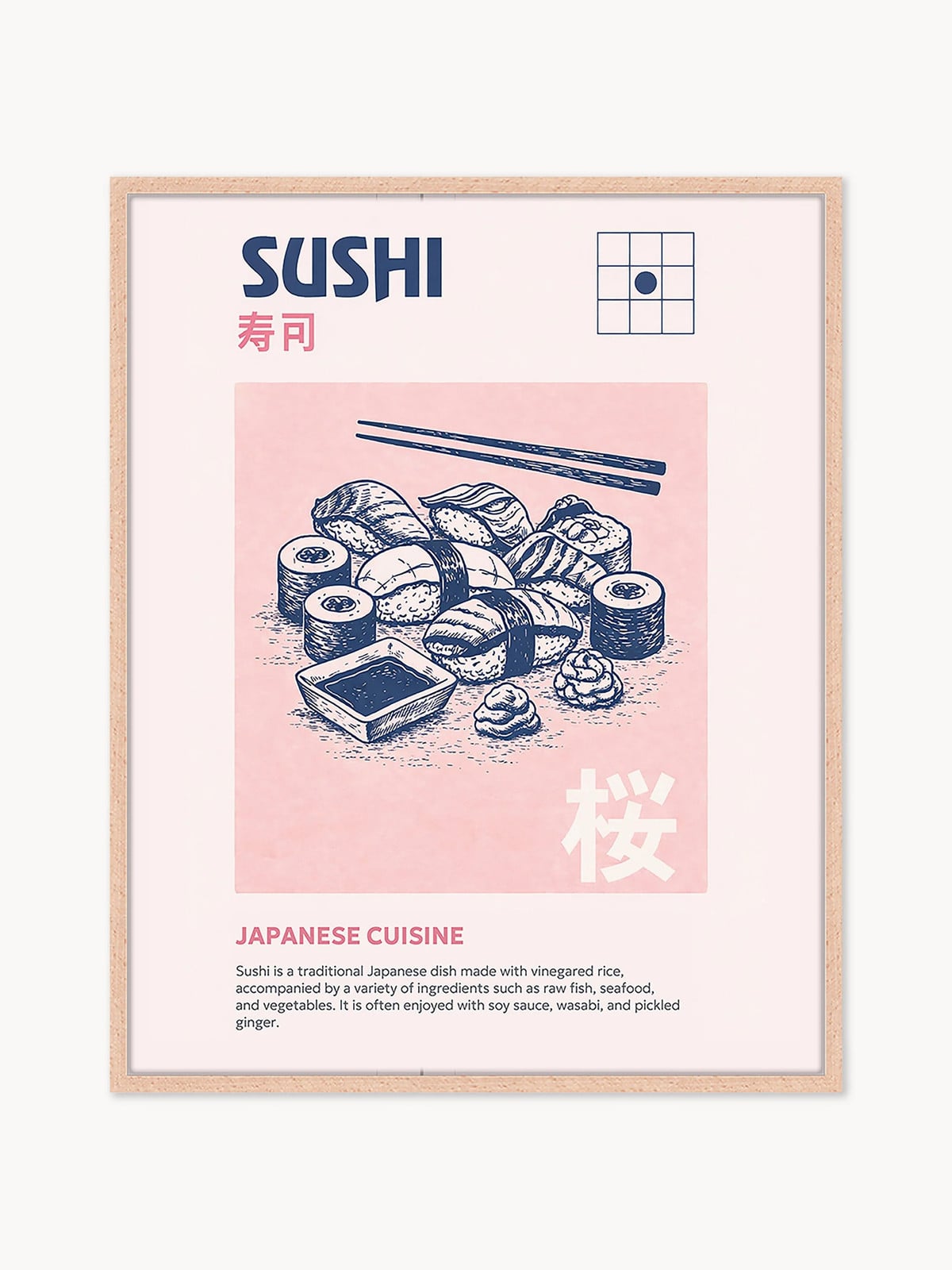 Handgemaakte ingelijste digitale print Sushi illustratie