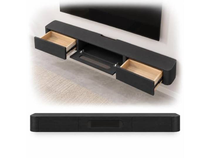 Wandhängendes TV Board, Schwebendes TV Möbel für Wohnzimmer 100 % Massivholz, Kabel und Antennendurchführungen(Black,180x24x20cm/71x9x8in)