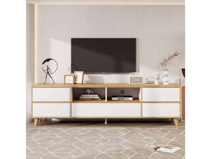 Meuble TV meuble bas meuble tv salon grand espace de rangement meuble tv blanc et bois 175x37x51cm