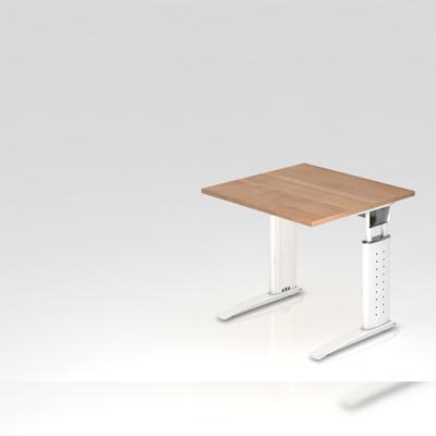 PROREGAL Schreibtisch Mauri | Nussbaum | Weißes Gestell | BxT 80x80cm | Arbeitshöhe 68-86cm | höhenjustierbar, 2cm Raster | C-Fuß-Gestell