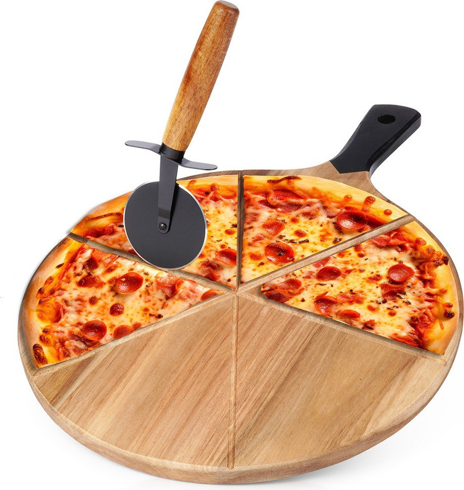Excellent Houseware Houten pizza snijplank met stalen mes en snijhulp