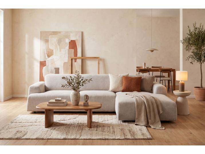 Ecksofa, Chenille, Beige 301×163 cm, Recamiere Rechts, Skandinavisch, andas