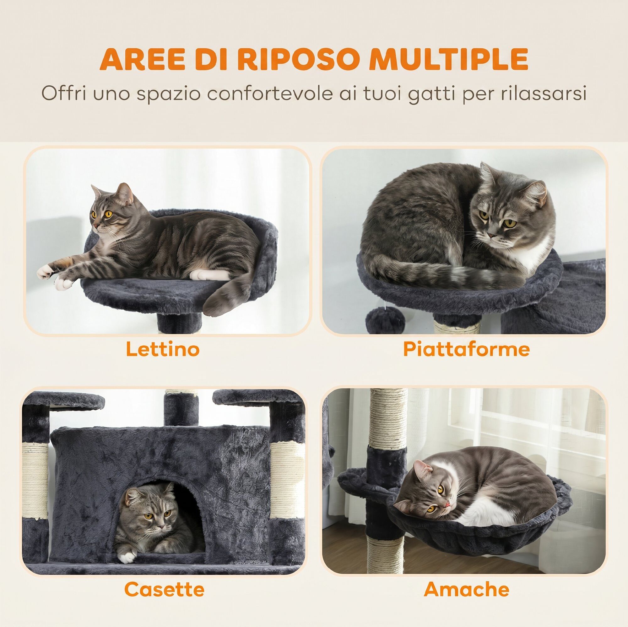 Altro Albero Tiragraffi Per Gatti Alto Con Casette E Amache, 60x60x200cm, Grigio Scuro