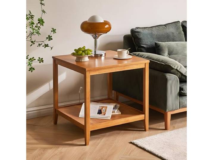Cttasty Beistelltisch aus Massivholz, Quadratischer Couchtisch mit Ablage, 2-Ebenen Kaffeetisch für Wohnzimmer, Nachttisch aus Gummibaumholz, 60 x 60 x 60 cm (Natur)