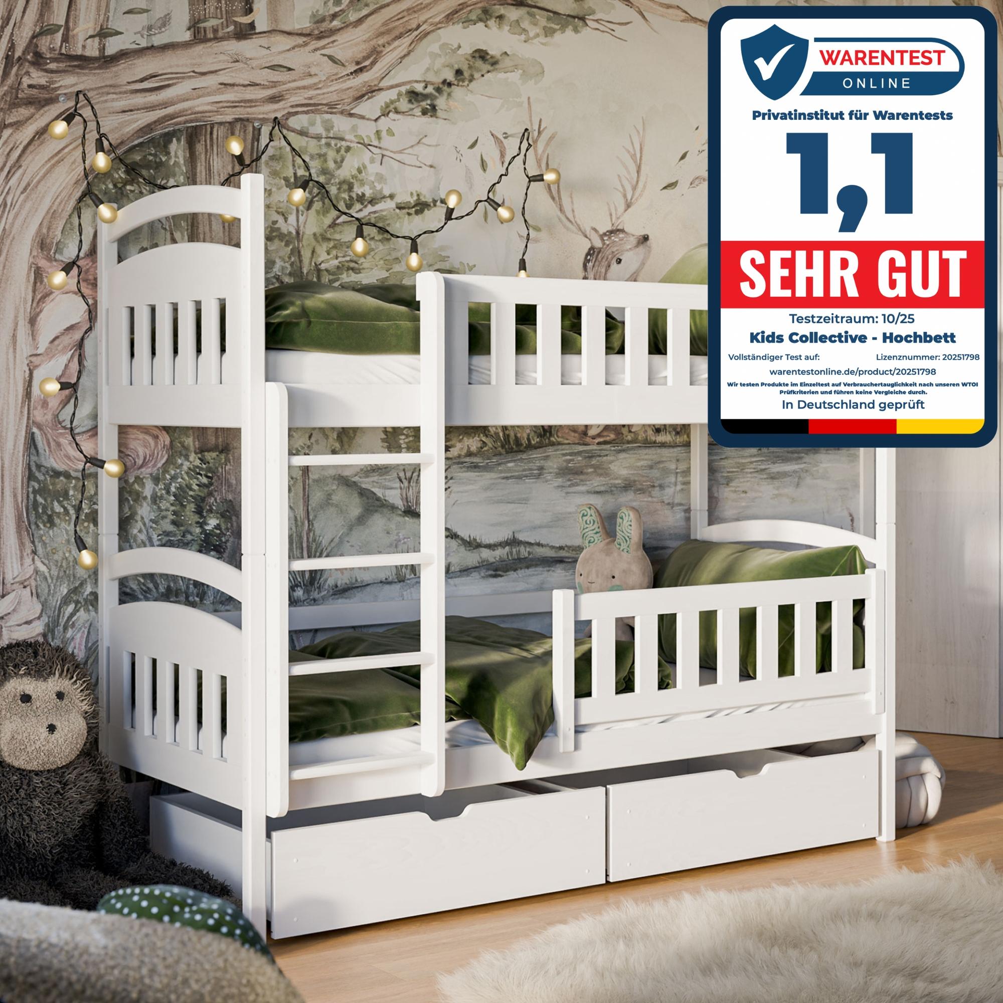 Hochbett 80x180 90x200 Etagenbett mit zwei Matratzen, zwei Schubladen, Lattenrost, Rausfallschutz, umbaubar in zwei Einzelbetten, aus Vollholz massiv in weiss, Funktionsbett Kinderbett 200x90