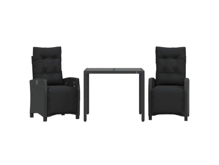 PUGYNBK 3er Set Esszimmer Set aus synthetischem Rattan schwarz Verstellbare Rückenlehne und Fußstütze, Kissen mit Bezug, Sicherheitsglastisch, Außensessel