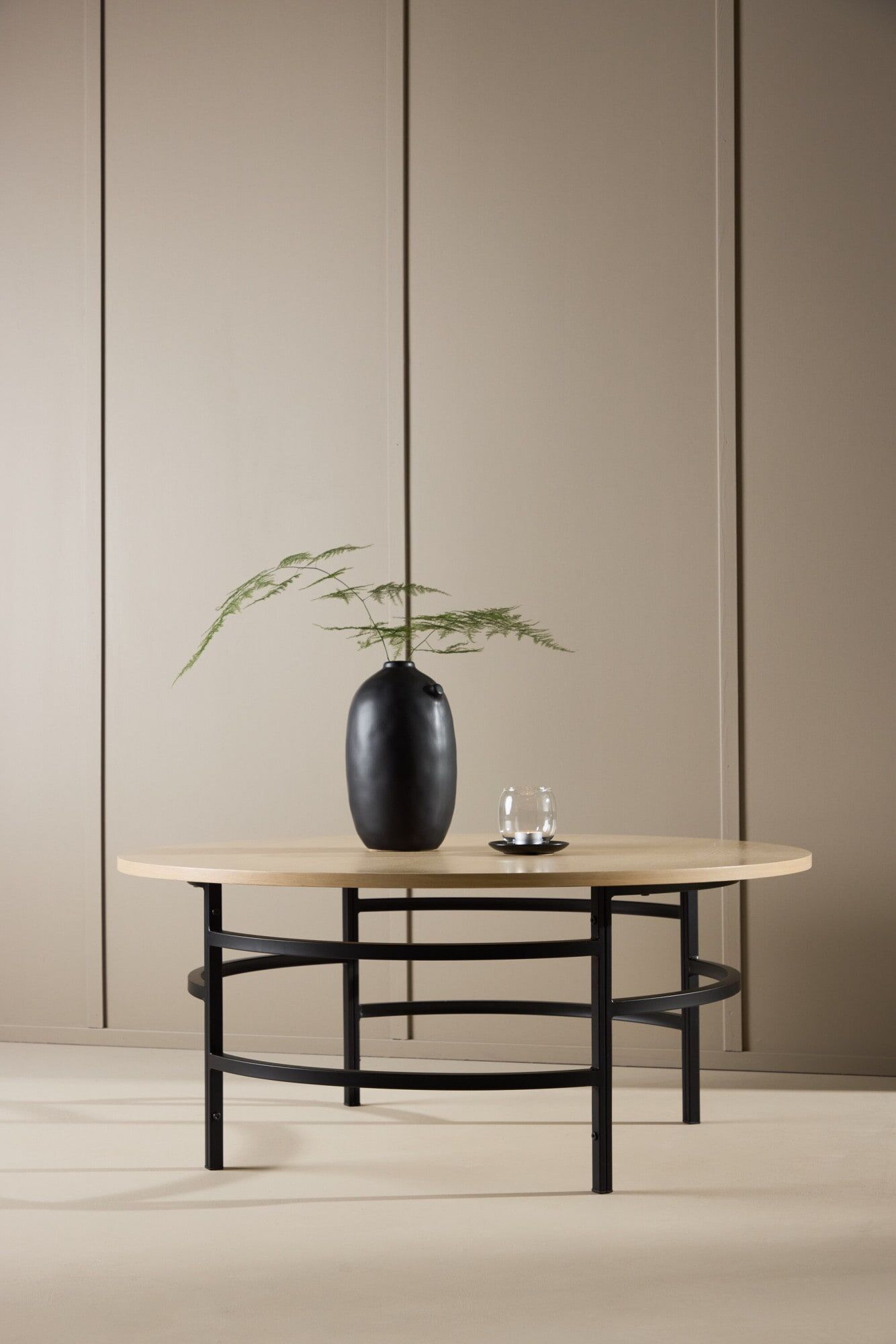 Couchtisch VENTURE HOME "Copenhagen, runder Couchtisch Ø 100 cm in skandinavischer Eleganz", beige (weißgewaschen, weißgewaschen), B:100cm H:43cm T:100cm, Eucalyptus urophylla, Tische, Couchtisch, Sofatisch, MDF, Metallbeine, rund, abgerundet, modern