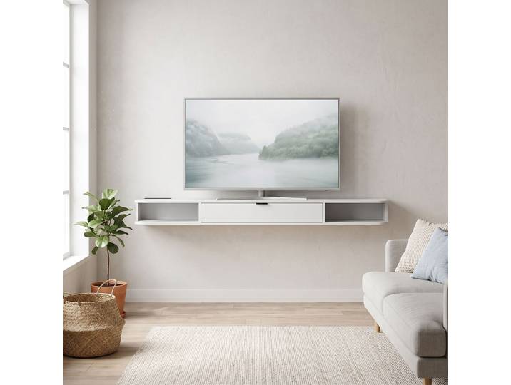 HOMCOM Meuble TV Suspendu 180cm Blanc, Tiroir, 2 Étagères