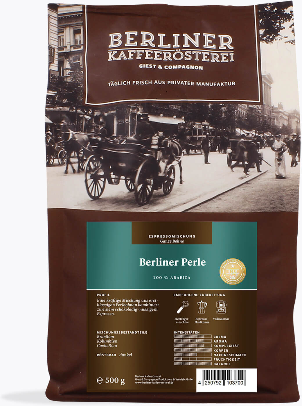 Berliner Kaffeerösterei Berliner Perle 500 g   Ganze Bohne   Brasilien, Kolumbien, Costa Rica   Arabica Espresso kräftig nussig schokoladig