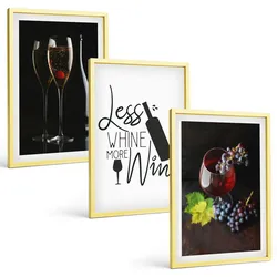 BILDER SET 3er Set - 40x60 cm Goldrahmen - Weingläser mit Trauben und Inschrift